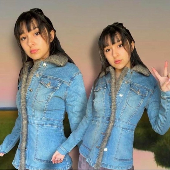 2000s fitted vintage y2k grunge denim fur jacket - Picture 3 of 3